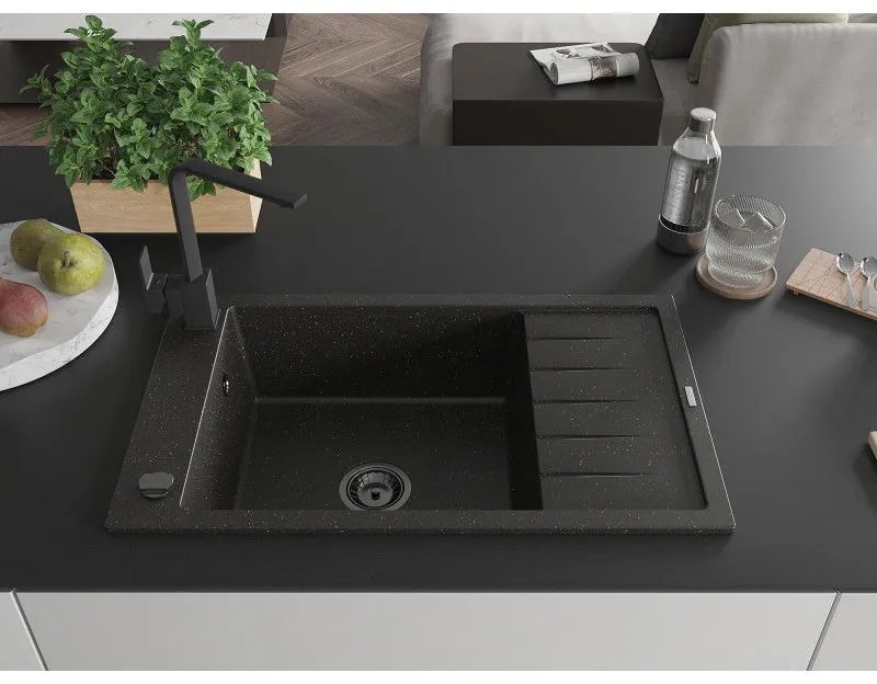 Mexen Elias, granitový drez granitový 795x480x200 mm, 1-komorový, čierna-zlatá metalíza s čiernym sifónom a čierna drezová batéria Rita, 6511-75-670300-70-B