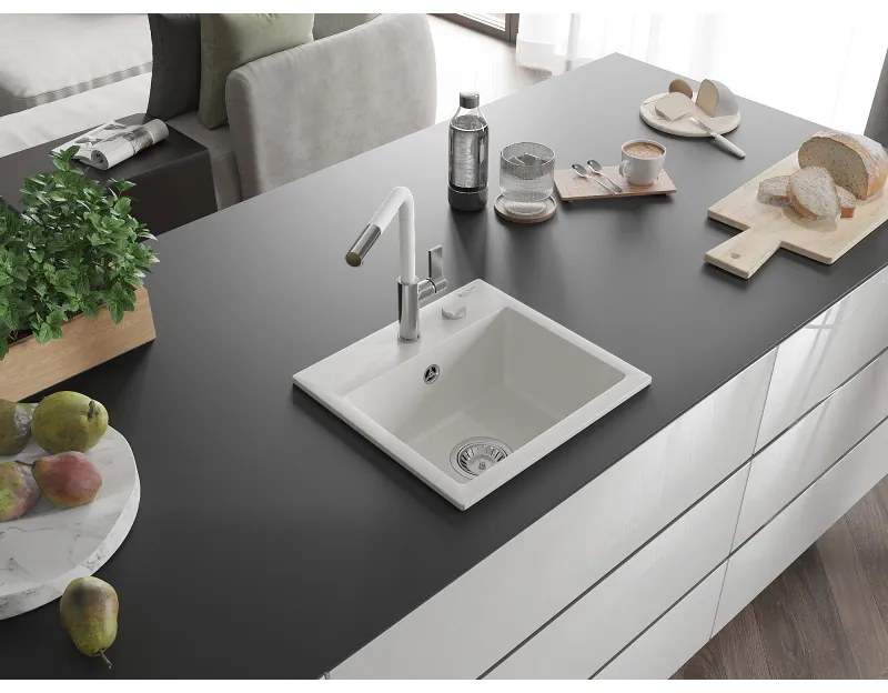 Mexen Milo, 1-komorový granitový drez 435x410x171 mm a drezová batéria Flora, biela, 6505-20-670401-02