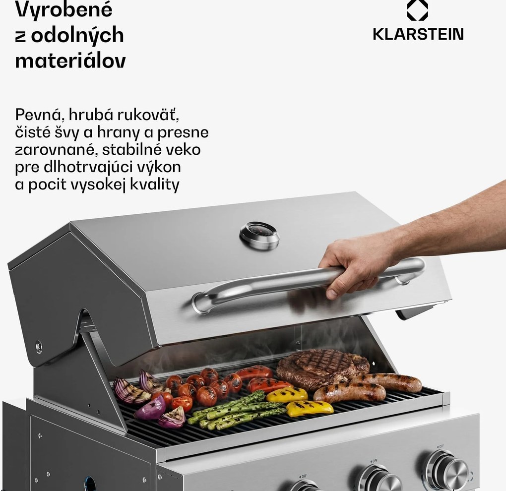 Klarstein WaldChef plynový gril | 4 horáky | 30 mbar | 12800 W | Liatinový rošt | Nehrdzavejúca oceľ