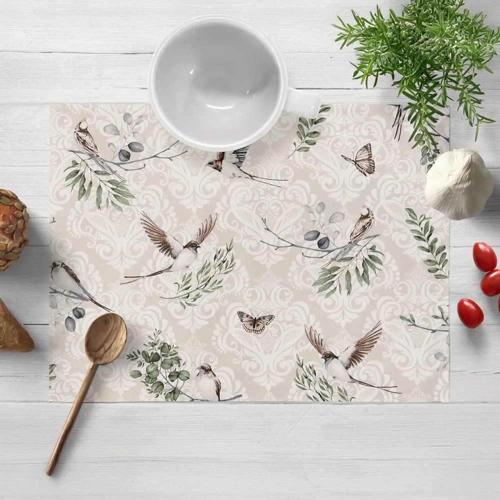 Biante Bavlnené prestieranie na stôl Sandra SA-490 Lastovičky s motýlikmi na béžovom ornamente 30x40 cm