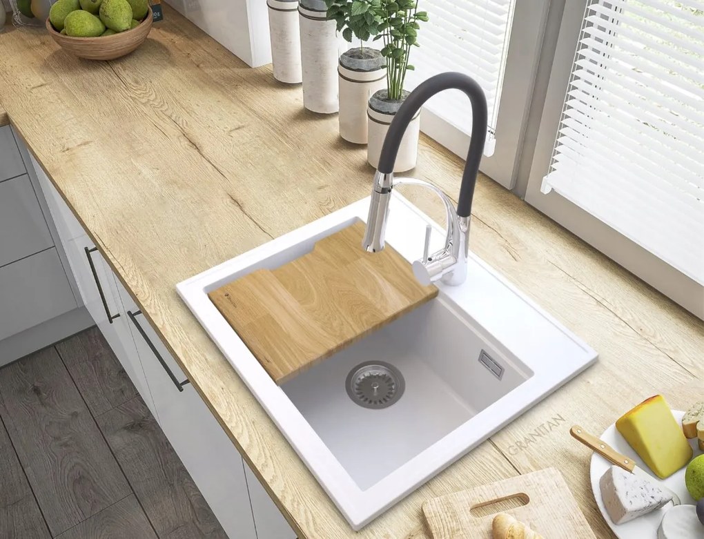 Sink Quality Ferrum New 8010, 1-komorový granitový drez 800x500x210 mm + zlatý sifón, biela, SKQ-FER.8010.WH.XG