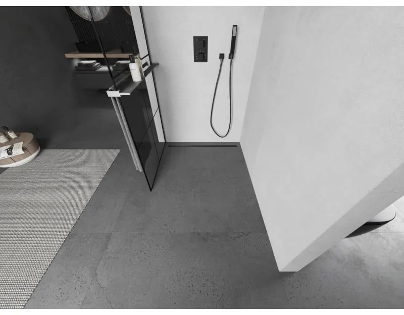 Mexen Kioto+, sprchová zástena Walk-In s poličkou a vešiakom 90 x 200 cm, 8mm číre sklo čierny vzor, grafitový profil, 800-090-121-95-77