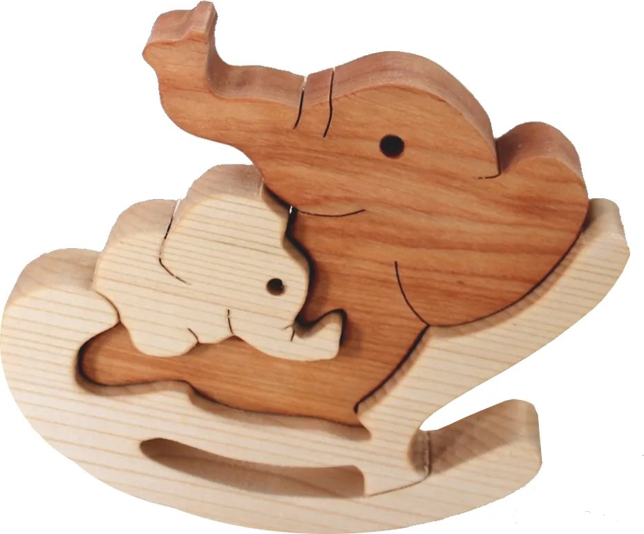 AMADEA Drevené puzzle hojdací slon, masívne drevo dvoch druhov drevín, 14x12x3 cm