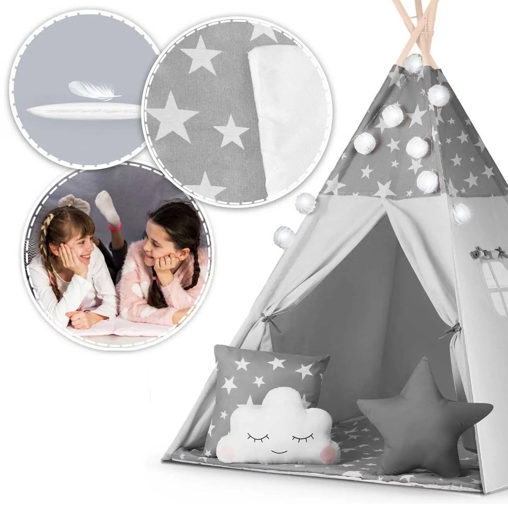 Detský stan teepee s girlandou a svetlami Nukido - sivý s hviezdičkami