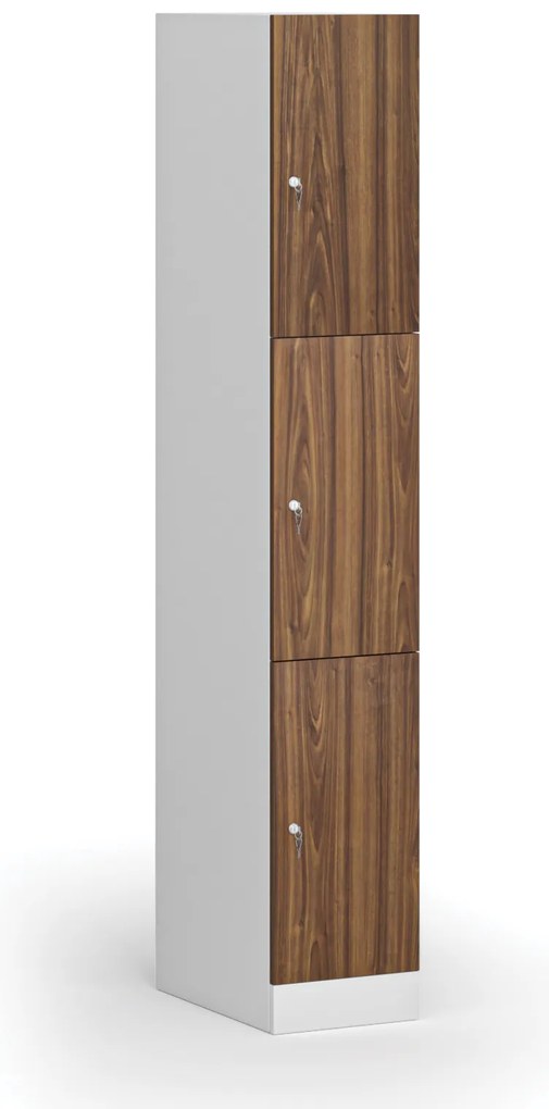 Šatníková skrinka S1 s úložnými boxmi, 3 boxy, 1850 x 300 x 500 mm, cylindrický zámok, laminované dvere, orech