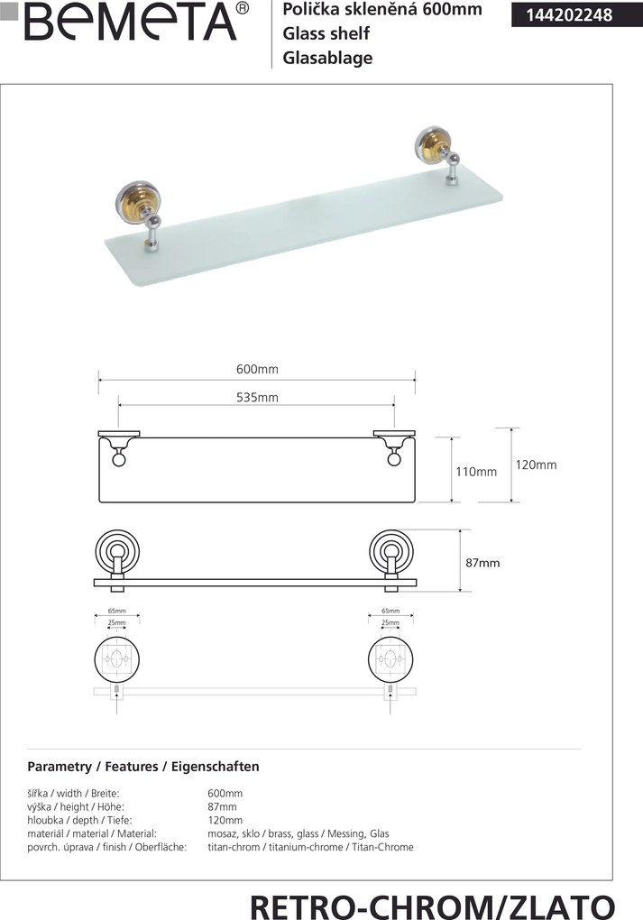 Bemeta Design RETRO gold-chrom: Polička, 600 mm, sklo - 144202248