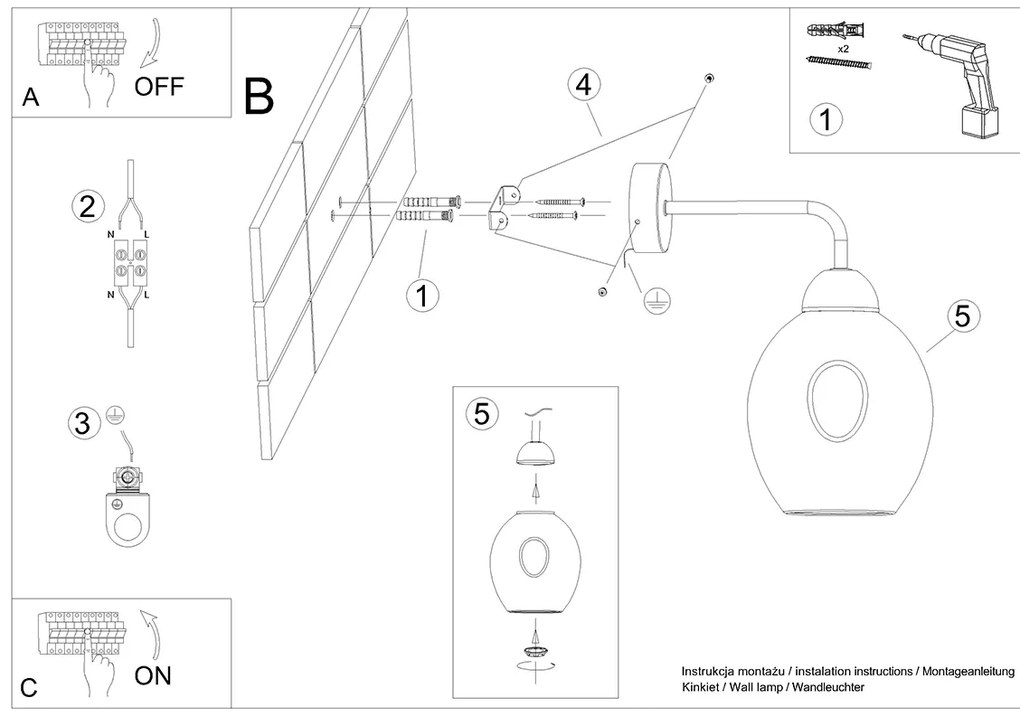 Nástenné svietidlo Fillan, 1x grafitové sklenené tienidlo