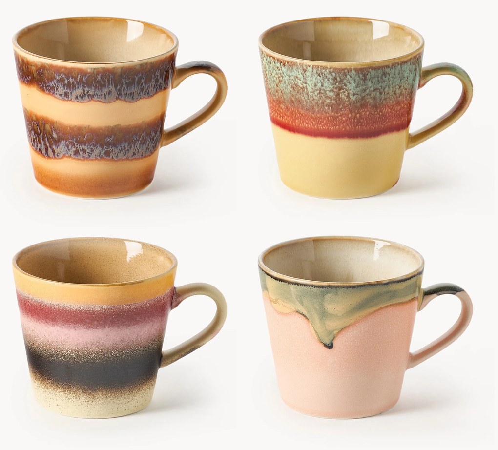 Ručne vyrobené hrnčeky's reaktívnou glazúrou 70's, 4 ks
