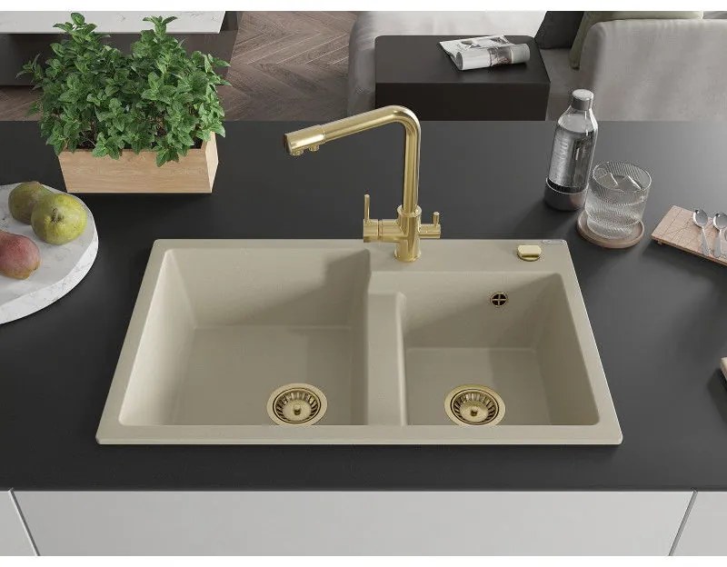 Mexen Tomas, granitový drez 800x500x190 mm, 2-komorový a zlatá batéria Duero, béžová, 6516-69-671600-50