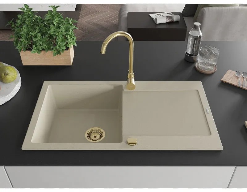 Mexen Leo, drez granitový 900x500x190 mm, 1-komorový a zlatá batéria Telma, béžová, 6501-69-670200-50