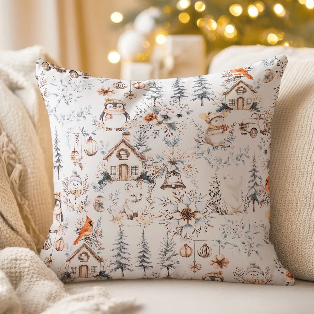 Biante Bavlnená obliečka na vankúš Sandra SA-708 Zimná rozprávka modro-sivo-hnedá na bielom 40 x 60 cm