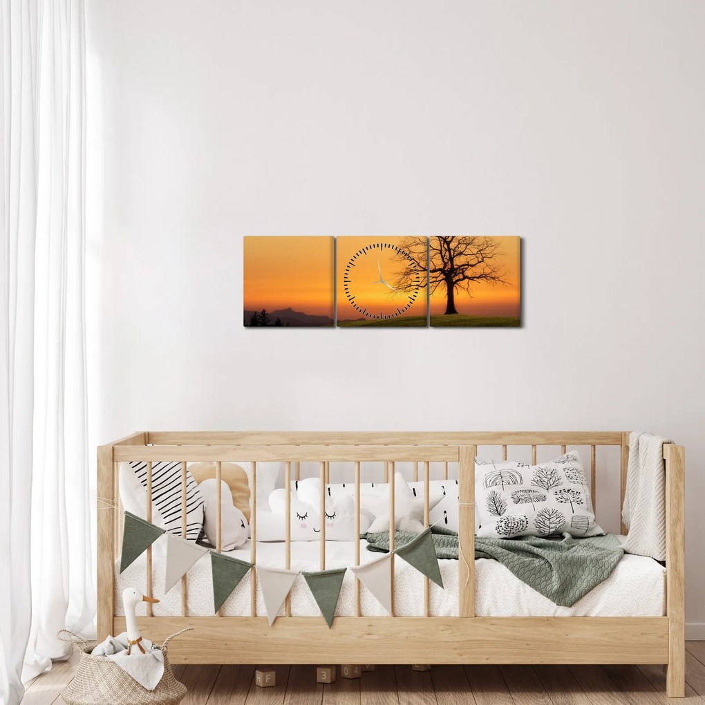 Obraz západu slnka na lúke (s hodinami) (90x30 cm)