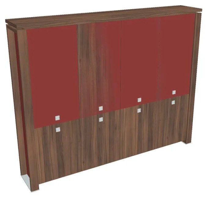 Vysoká skriňa Verno+ S 260 x 46 x 210 cm, kombinované dvere, orech / červená