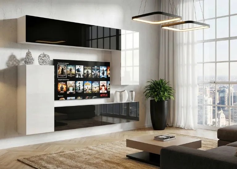 Obývacia stena 250 cm Belini čierny lesk / biely lesk Imperium8 IMP 8/5/W/BWWB/0/0