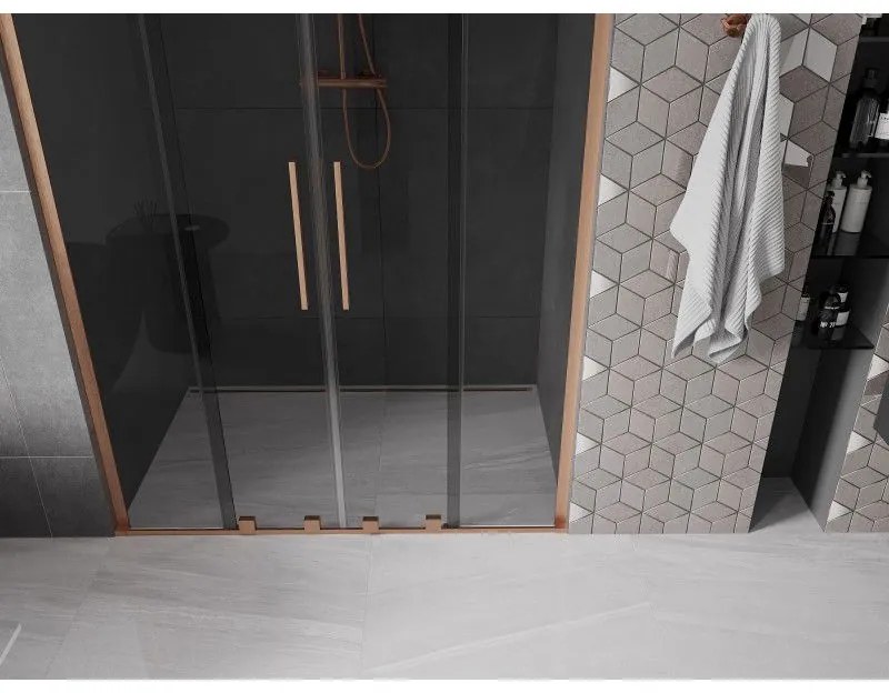 Mexen Velar L Duo, posuvné sprchové dvere do otvoru 150 cm, 8mm šedé sklo, medená matná, 871-150-003-42-65