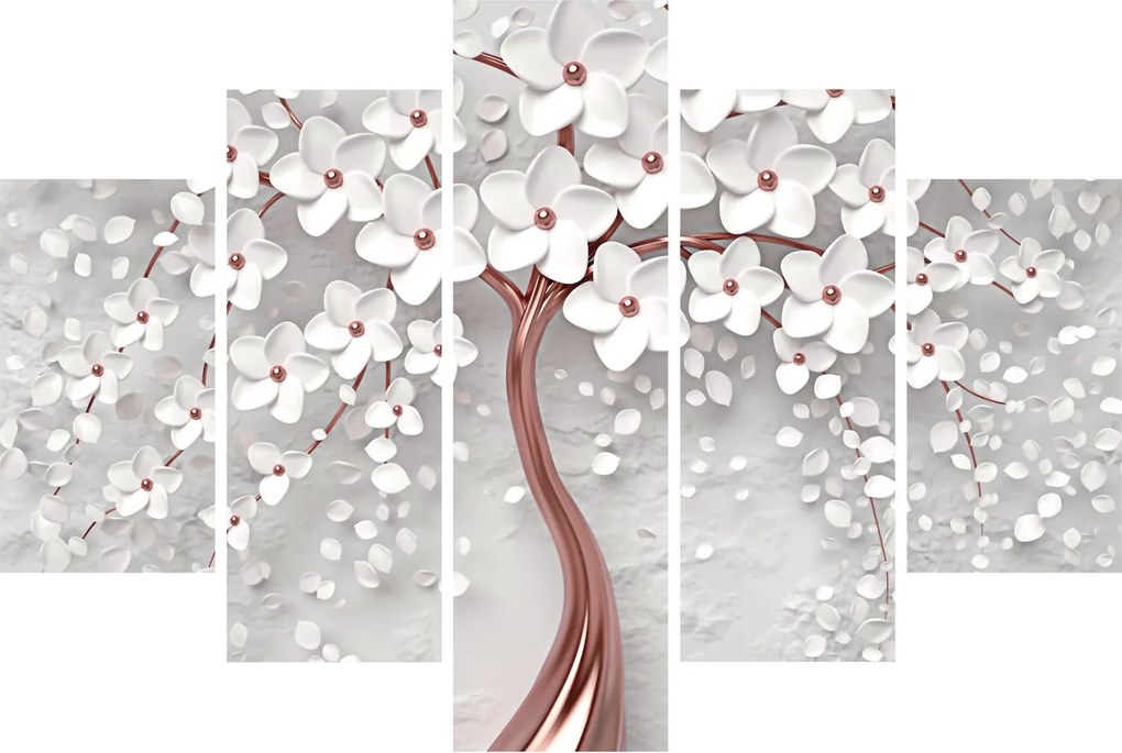 Obraz - Obraz bieleho stromu s kvetinami, rosegold (150x105 cm)