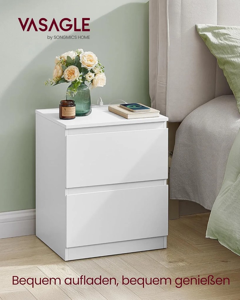 Nočná skrinka s integrovanou zásuvkou, 2 ks set, oblá biela