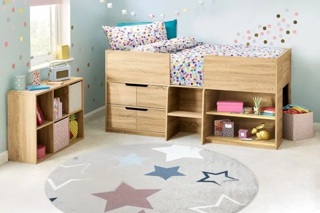 Detský koberec protišmykový BAMBINO 48130 Hviezdy, béžový / sivý kruh