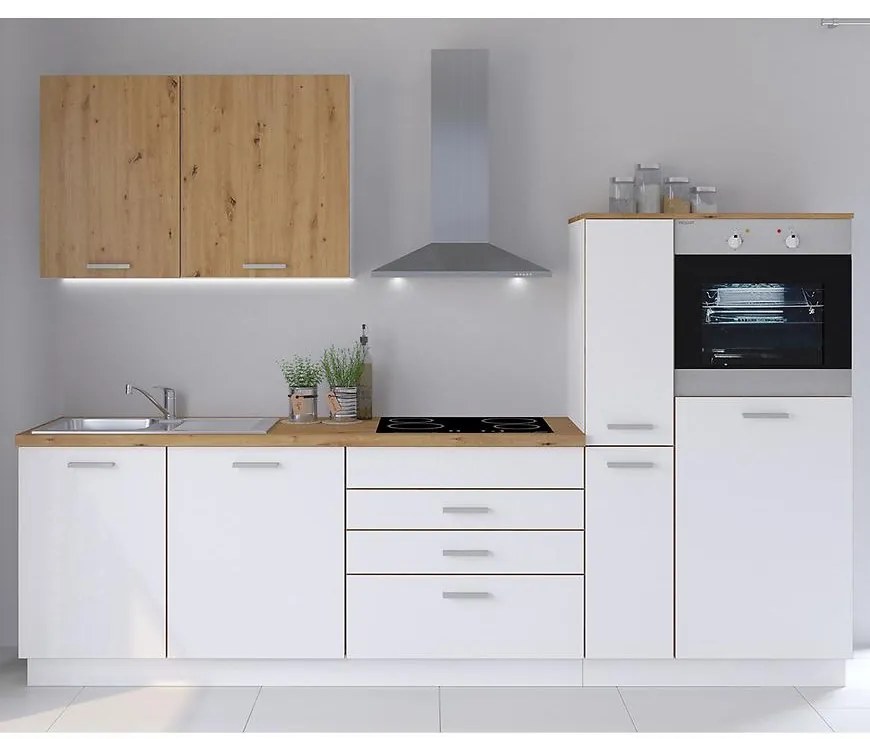 Kuchynská linka Blacky ll biely/dub artisan 280 s vrcholom