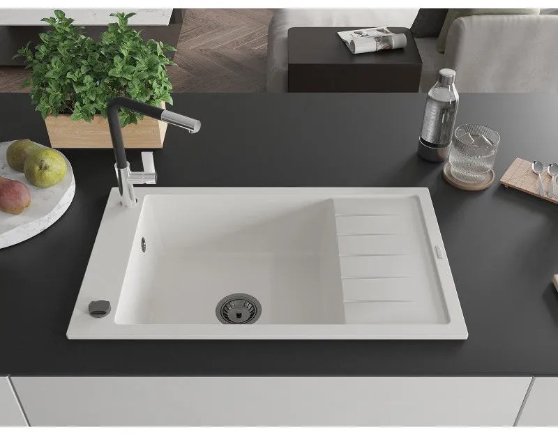 Mexen Elias, 1-komorový granitový drez 795x480x200 mm a drezová batéria Flora, biela, 6511-20-670401-07-B