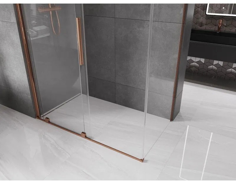 Mexen Velar, sprchový kút s posuvnými dverami 140(dvere) x 70(stena) cm, 8mm číre sklo, ružové zlato, 871-140-070-01-60