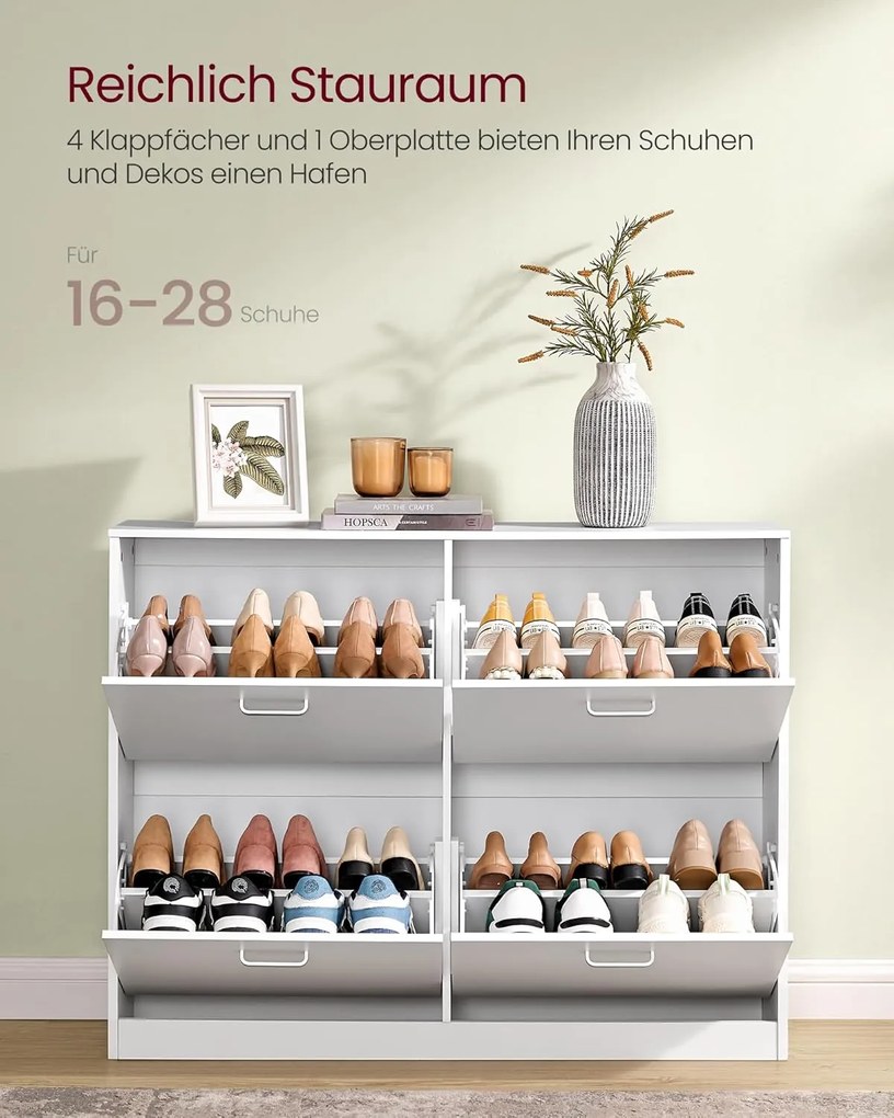 Skrinka na topánky so 4 výklopnými dvierkami, botník, 24 x 105,5 x 82,7 cm, snehobiely