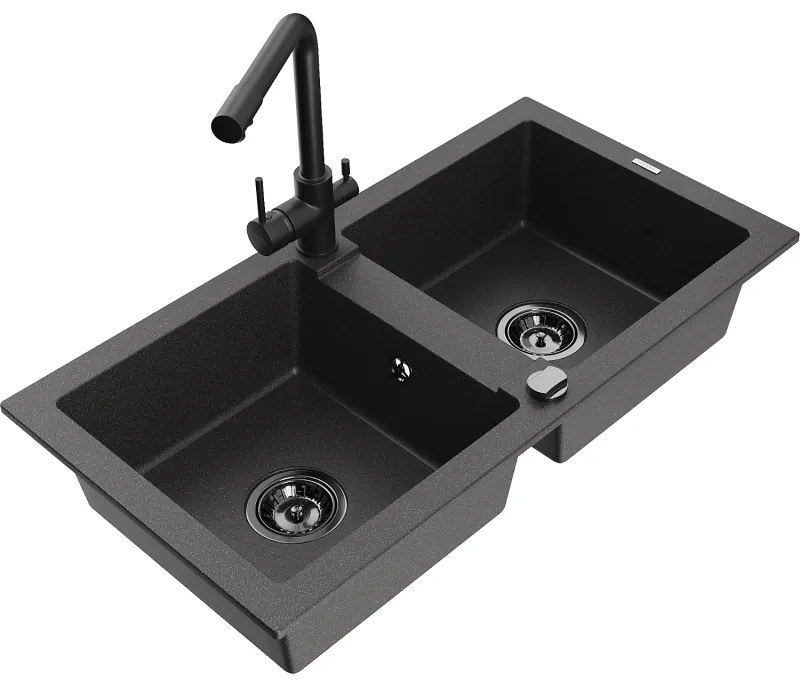 Mexen Mario, 2-komorový granitový drez 820x436x161 mm a čierna drezová batéria Duero, čierna škvrnitá, 6504-76-671600-70-B
