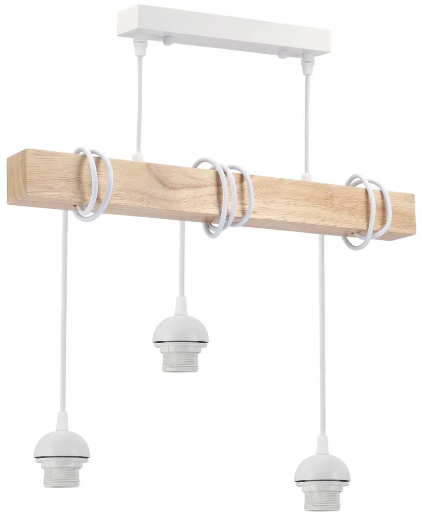 BERGE LED závesné stropné svietidlo biely drevený trám 3xE27 Drevený kužeľový luster