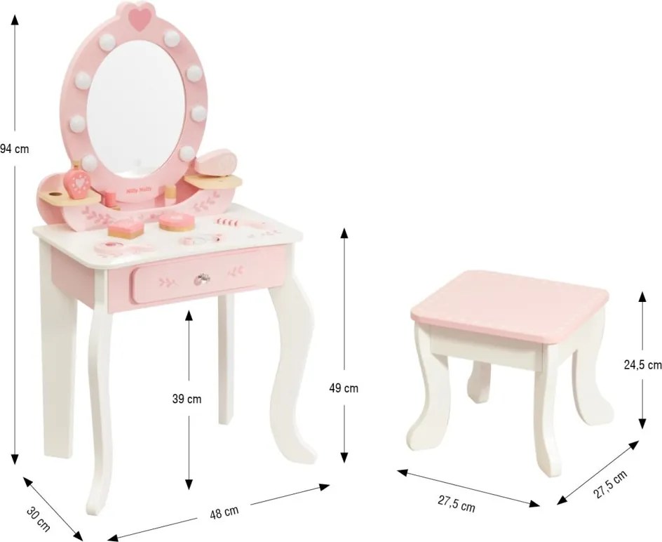 Veľká drevená toaletka ELLY pre deti s LED svetlom a taburetkou ružová