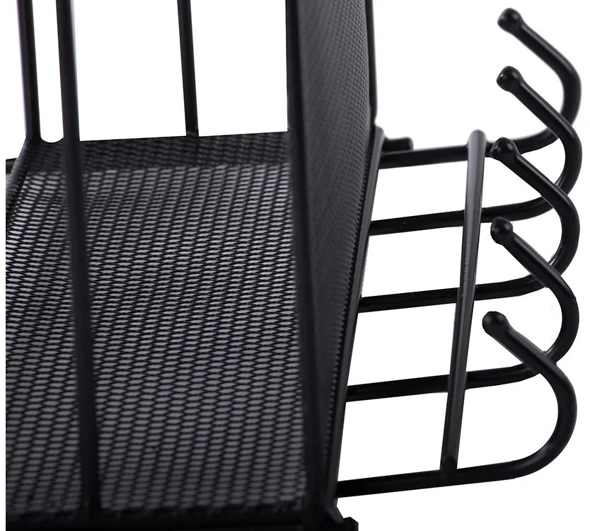 VERK GROUP Dvojposchodová závesná kovová polica do kúpeľne s 5 háčikmi, čierny ARGO