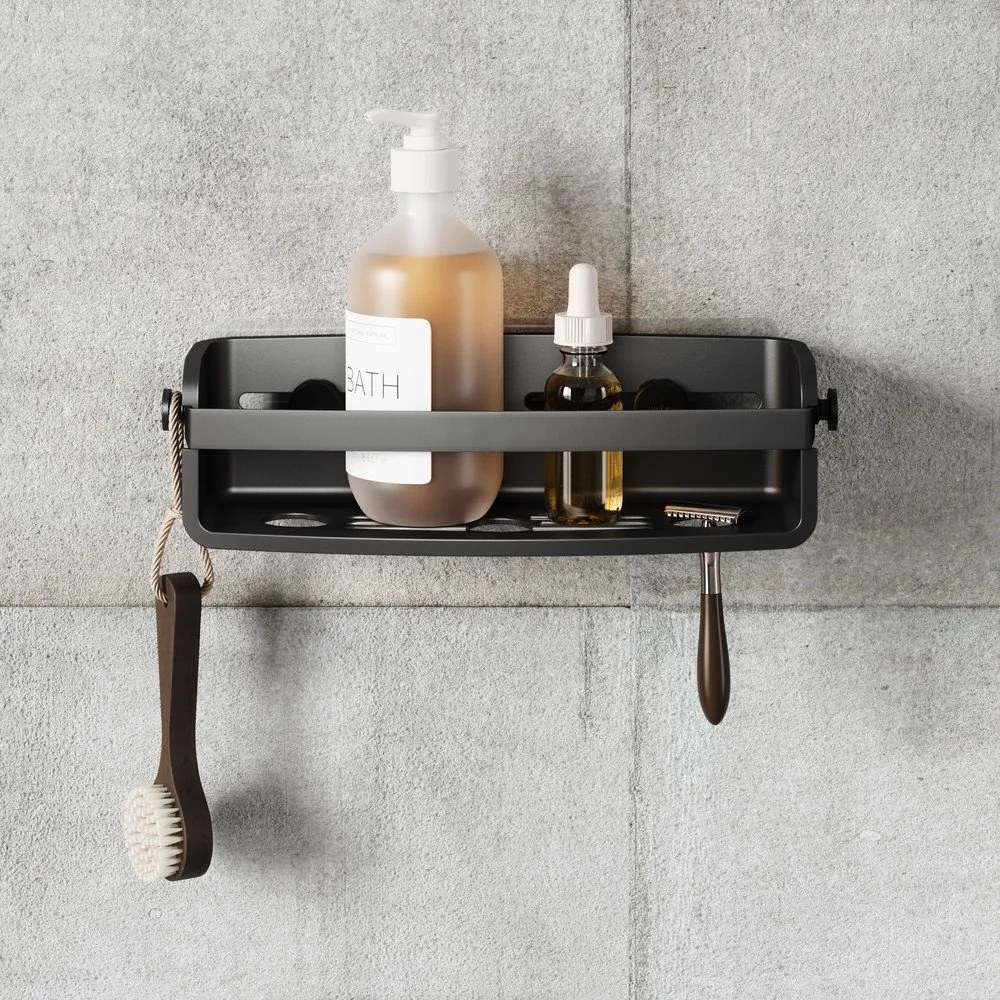 Čierna plastová kúpeľňová polička bez vŕtania Flex Adhesive – Umbra
