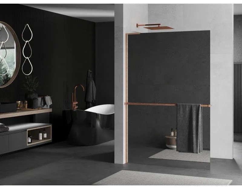 Mexen Kioto+ L, sprchová zástena Walk-In s poličkou a vešiakom 120 x 200 cm, 8mm sklo vzor zrkadlo, medený matný profil, 800-120-123-65-50