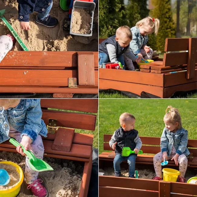 SPRINGOS Uzavreté drevené pieskovisko s lavičkami 120x120 cm – impregnované drevo, s plachtou a netkanou textíliou SBP120SET02