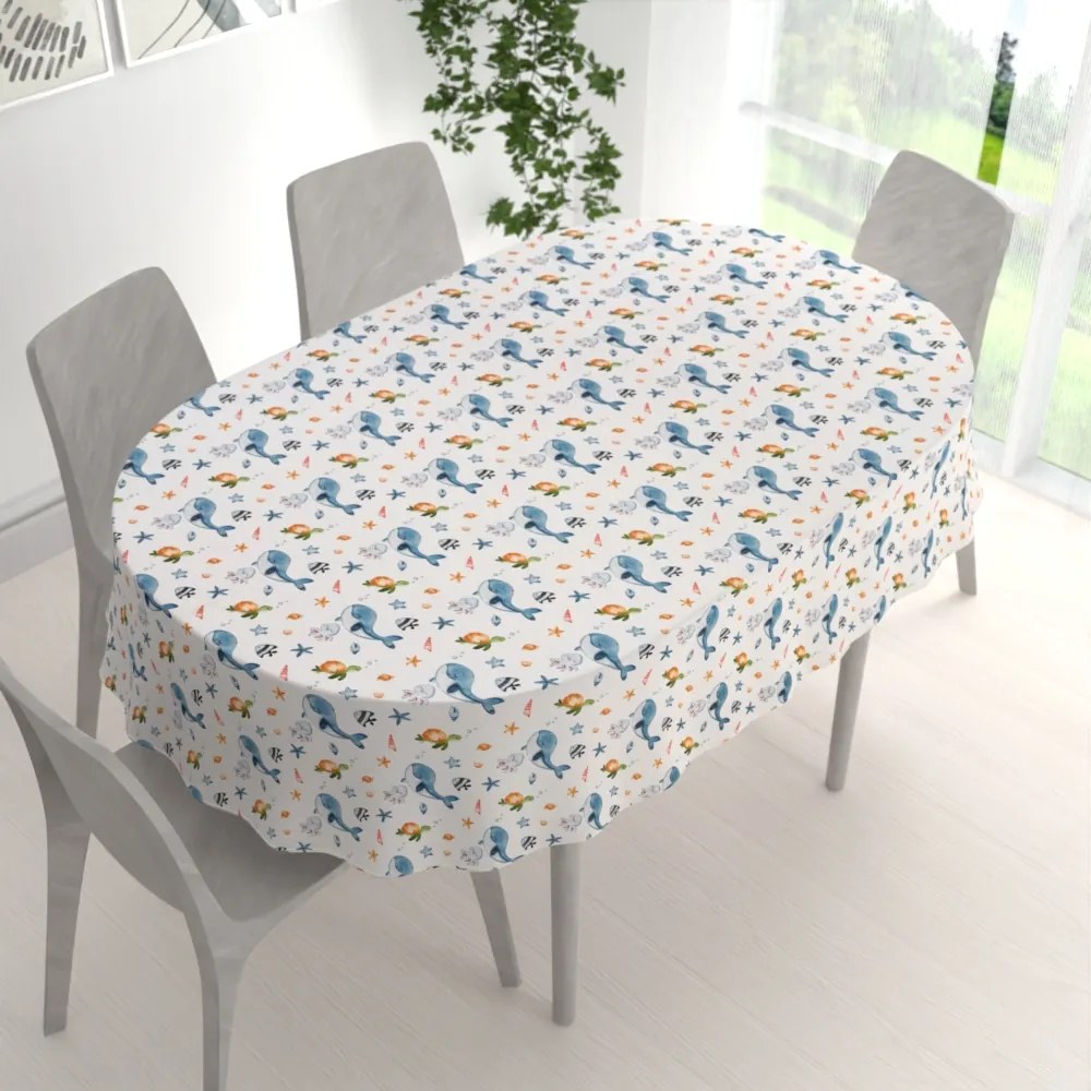 Biante Detský bavlnený oválny obrus Sandra SA-660 Modré veľryby a morské zvieratká na bielom 50x100 cm