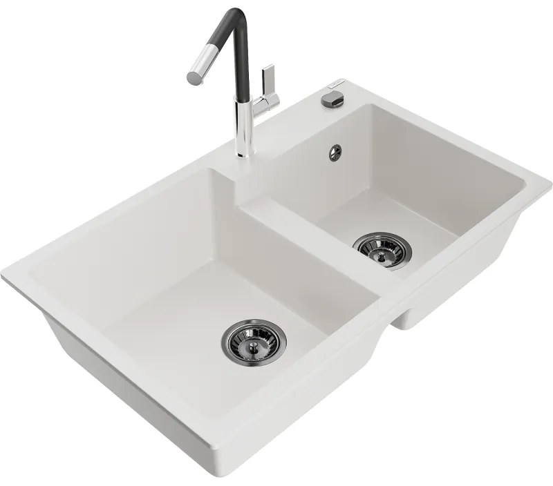 Mexen Tomas, 2-komorový granitový drez 800x500x190 mm a drezová batéria Flora, biela, 6516-20-670401-07-B