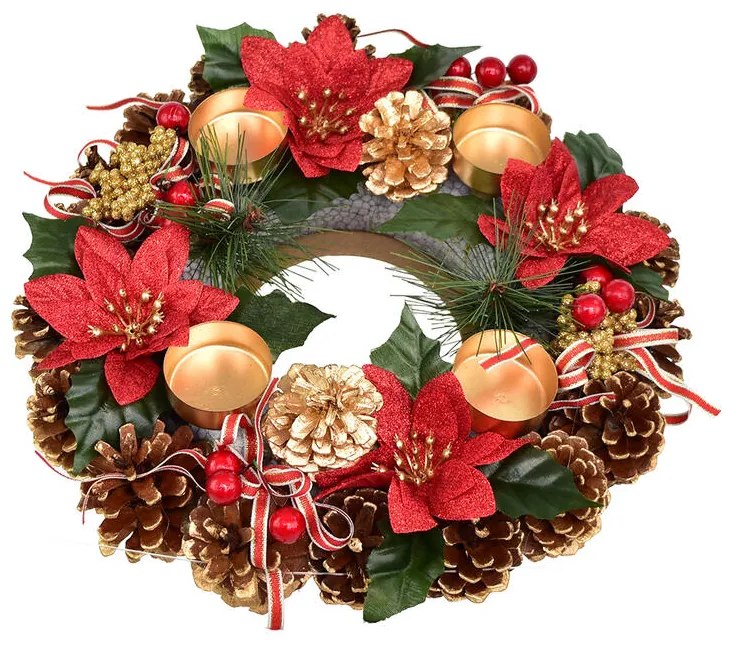 Adventný šiškový veniec POINSETTIA s mašľou 30 cm