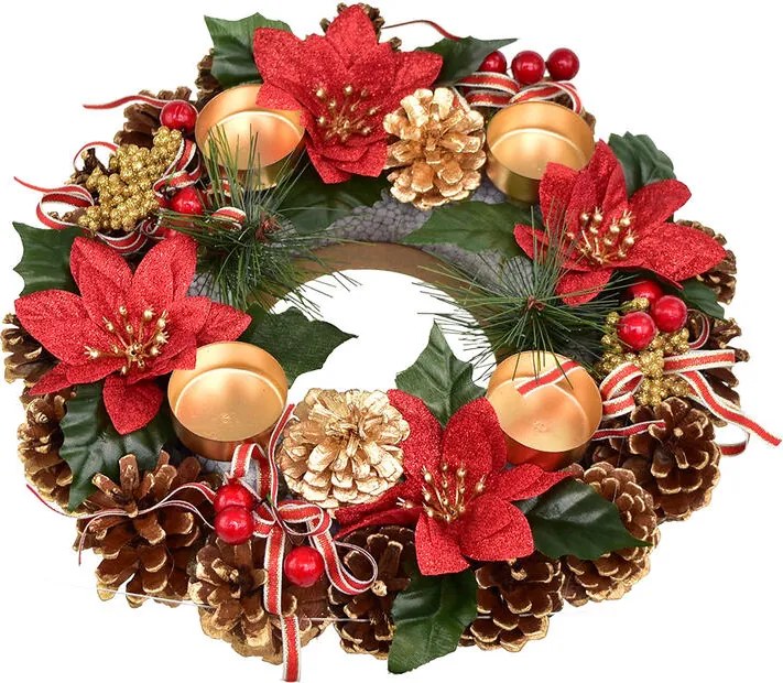Adventný šiškový veniec POINSETTIA s mašľou 30 cm