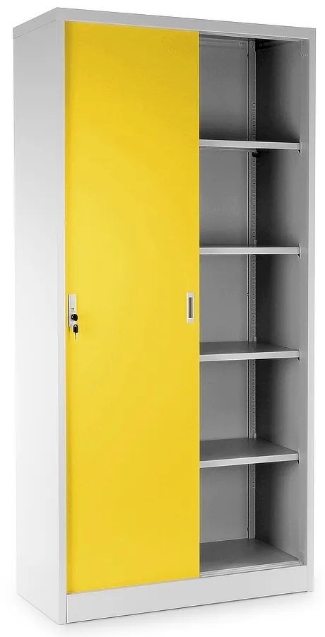Univerzálna kovová skriňa s posuvnými dverami 90 x 40 x 185 cm, cylindrický zámok, žltá - ral 1023