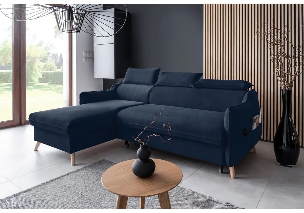Tmavomodrá zamatová rozkladacia rohová pohovka (ľavý roh) Sweet Harmony – Miuform