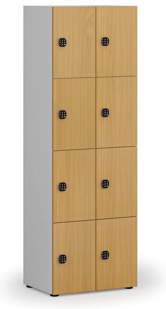 Drevená šatníková skrinka S4 s úložnými boxmi, 8 boxov, demont, kódový zámok, sivá/buk