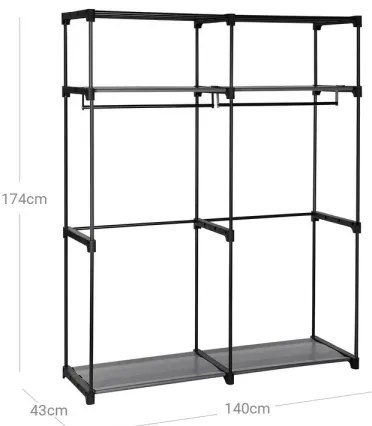 Textilná úložná skriňa s policami a vešiakovou tyčou MATIS 140x174 cm čierna