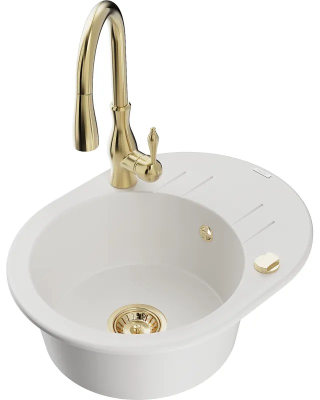Mexen Kevin, granitový drez 586x458x190 mm, 1-komorový a drezová batéria Savita, biela, 6517-20-672601-50