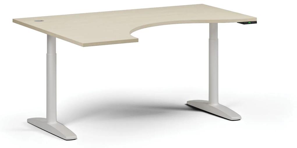 Výškovo nastaviteľný stôl OBOL, elektrický, 675-1325 mm, ergonomický ľavý, doska 1600x1200 mm, biela zaoblená podnož, breza