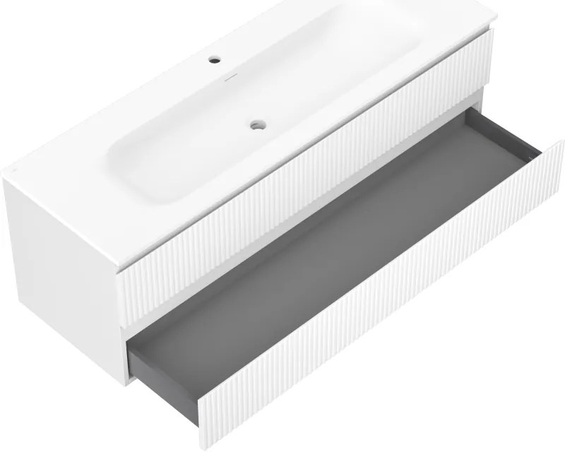 Mexen Rivel, kúpeľňová skrinka 140 cm s umývadlom Vela, 2 zásuvky, drážkovaná, biela matná, 91A20-14047-2-BFF01-W23M01