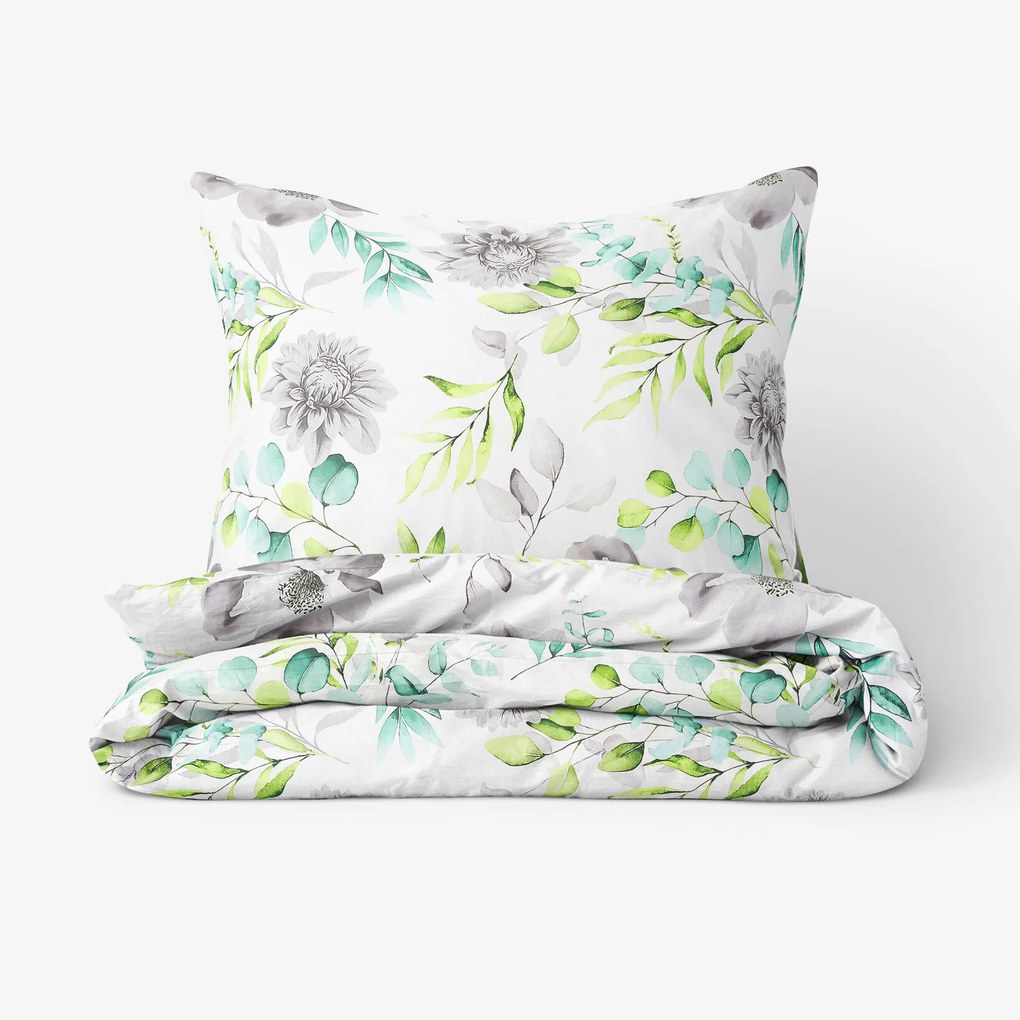 Goldea bavlnené posteľné obliečky deluxe - eukalyptus s kvety 140 x 200 a 70 x 90 cm
