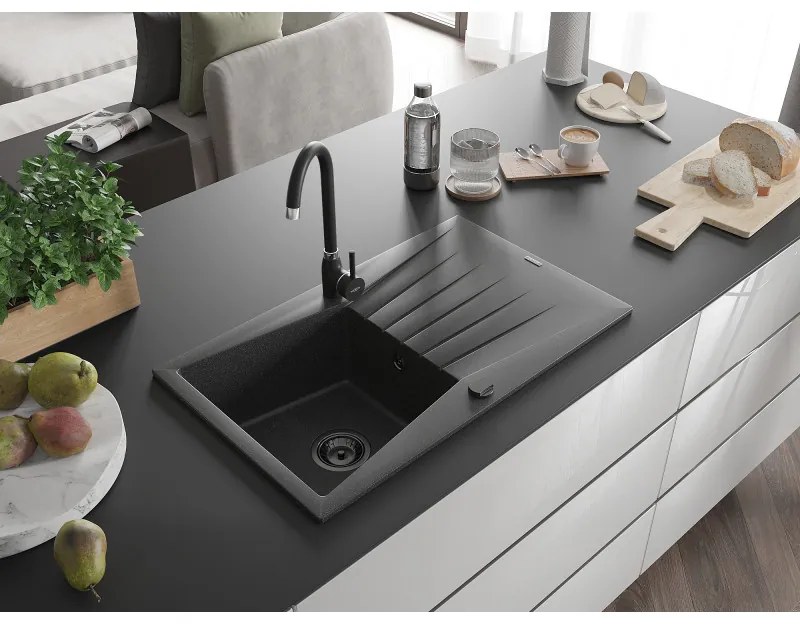 Mexen Cesar, granitový drez 775x470x190 mm, 1-komorový, čierna škvrnitá s čiernym sifónom, 6514771010-76-B