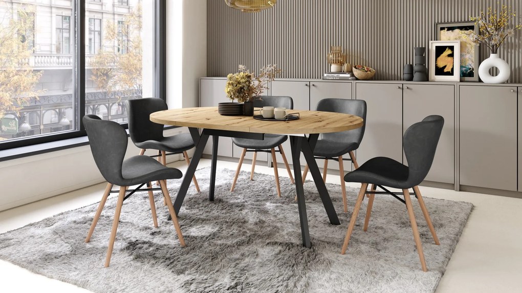 ALMO Dub Artisan/čierne nohy - OKRÚHLY LOFTOVÝ/INDUSTRIÁLNY ROZKLADACÍ STÔL DO OBÝVAČKY/JEDÁLNE