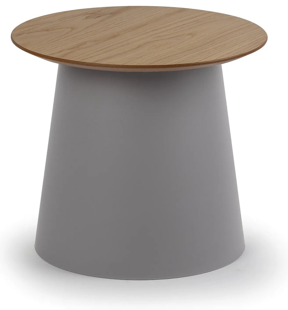 Plastový kávový stolík SETA s drevenou doskou, priemer 49 cm, dub/sivá
