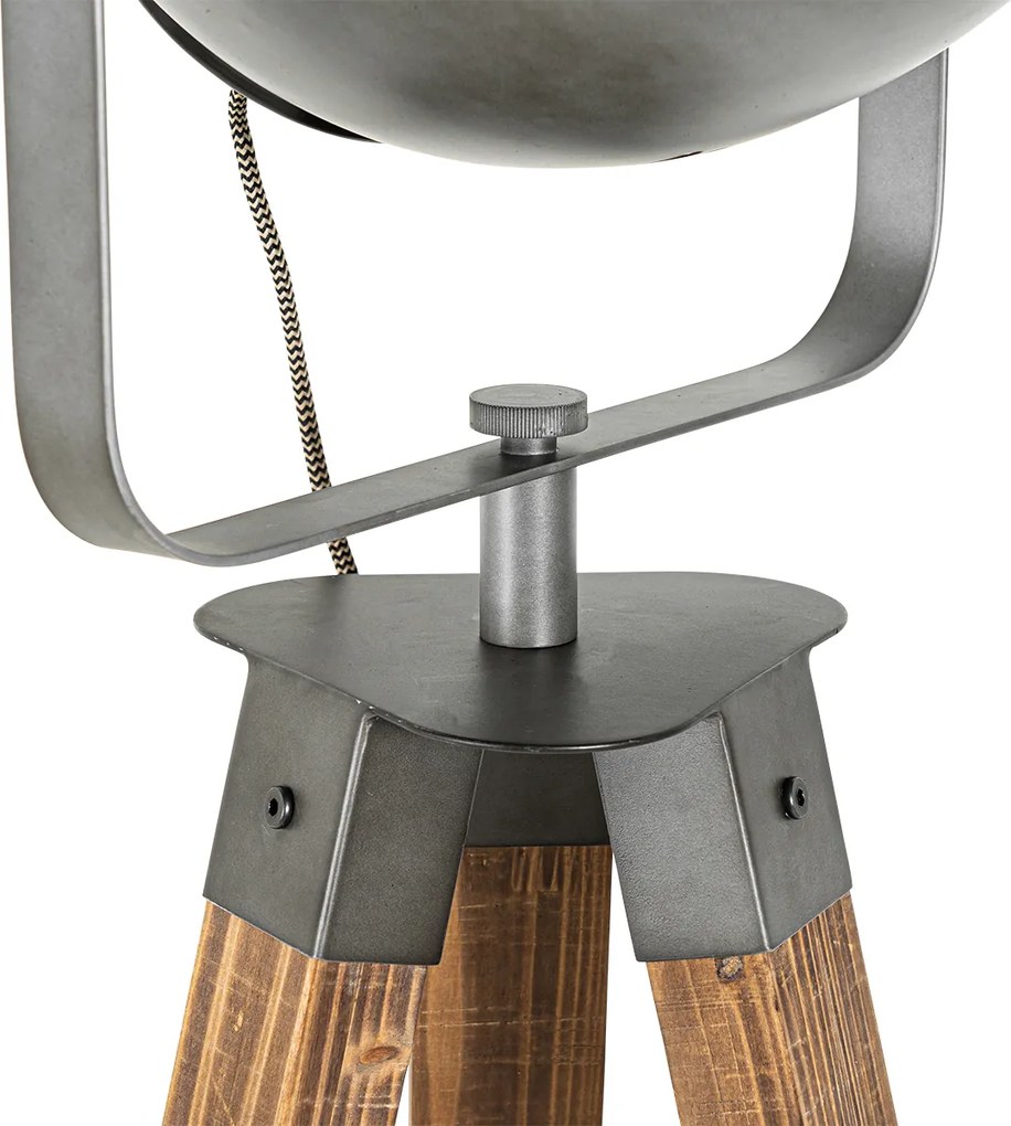 Priemyselná stojaca lampa trojnožka oceľ s dreveným sklonom - Emado