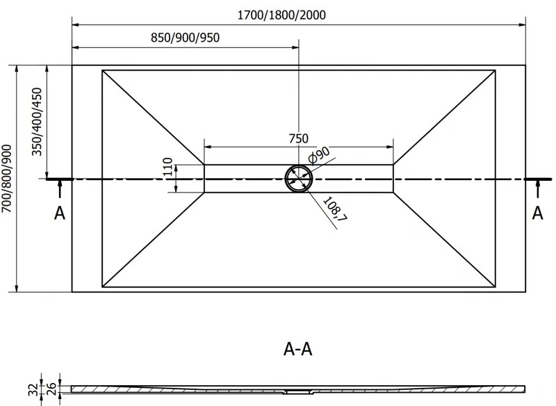 Mexen Toro, SMC obdĺžniková sprchová vanička 170 x 90 cm, biela, zlatá krytka, 43109017-G